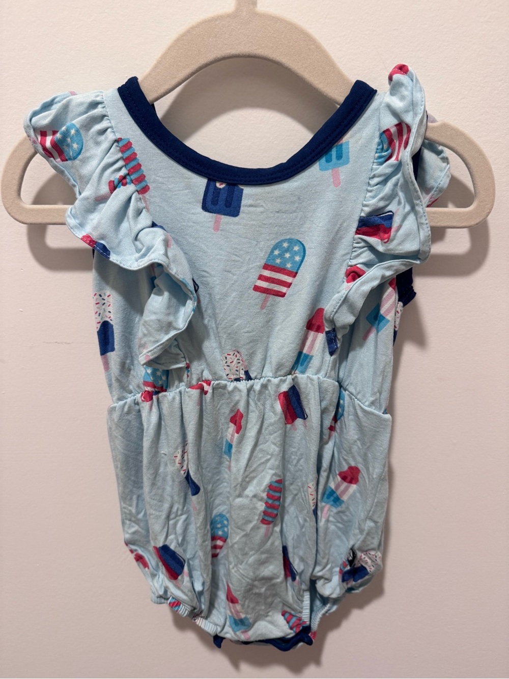 Kyte BABY Light Blue Popsicle Ruffle Romper with Navy Trim